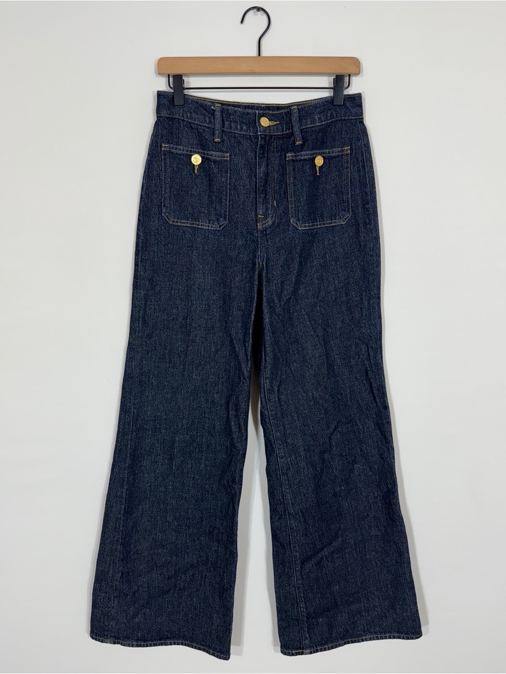WJ165 {J. Crew} "Sailor Denim Wide Leg Trouser" Dark Blue Patch Pocket Jeans